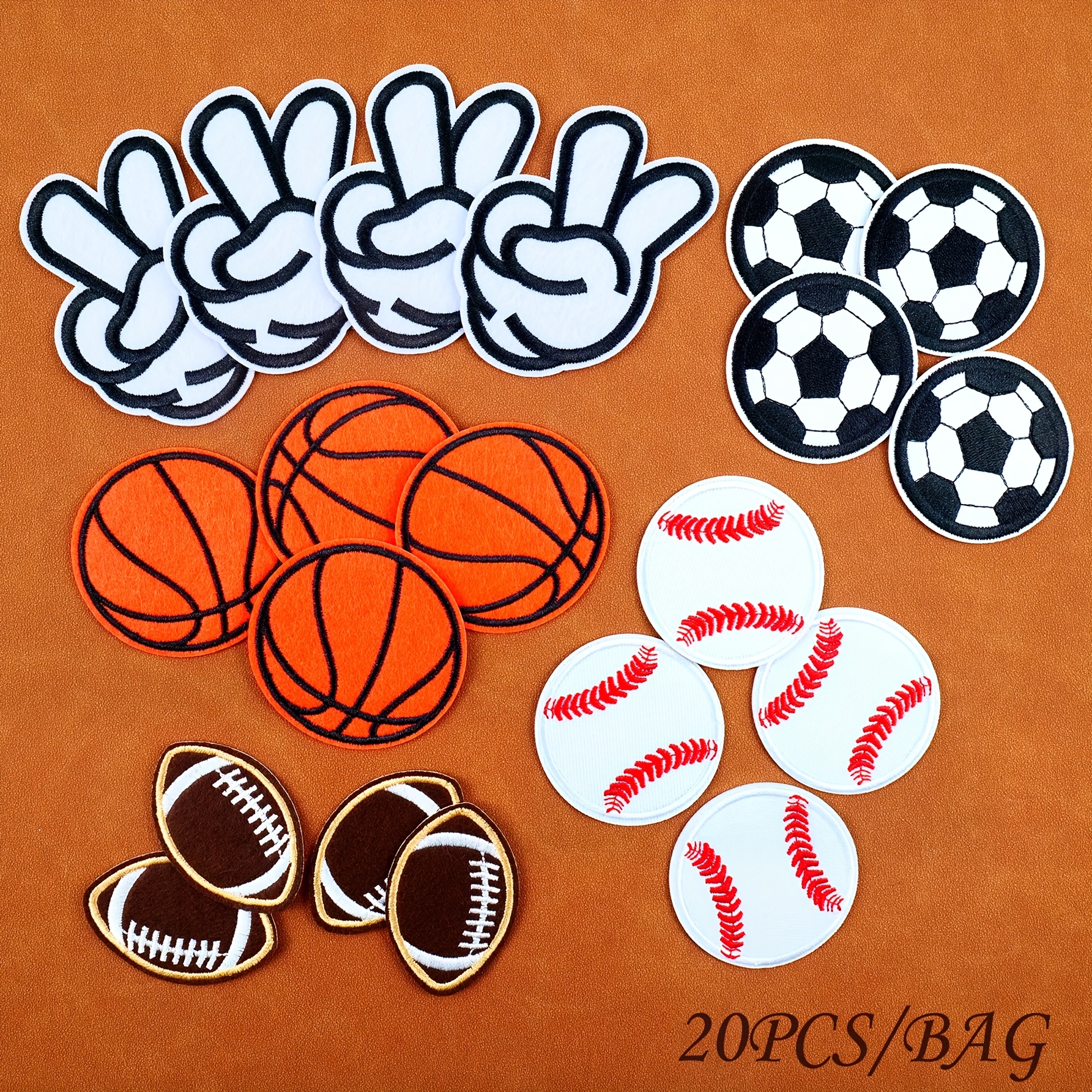 Image of 20pcs Sports-themed Patch Set: Football, Basketball, , Baseball, Victory Design, Cute Cartoon Style Ironing/sewing Patches, Perfect For Shoes, Hats, Bags, Socks