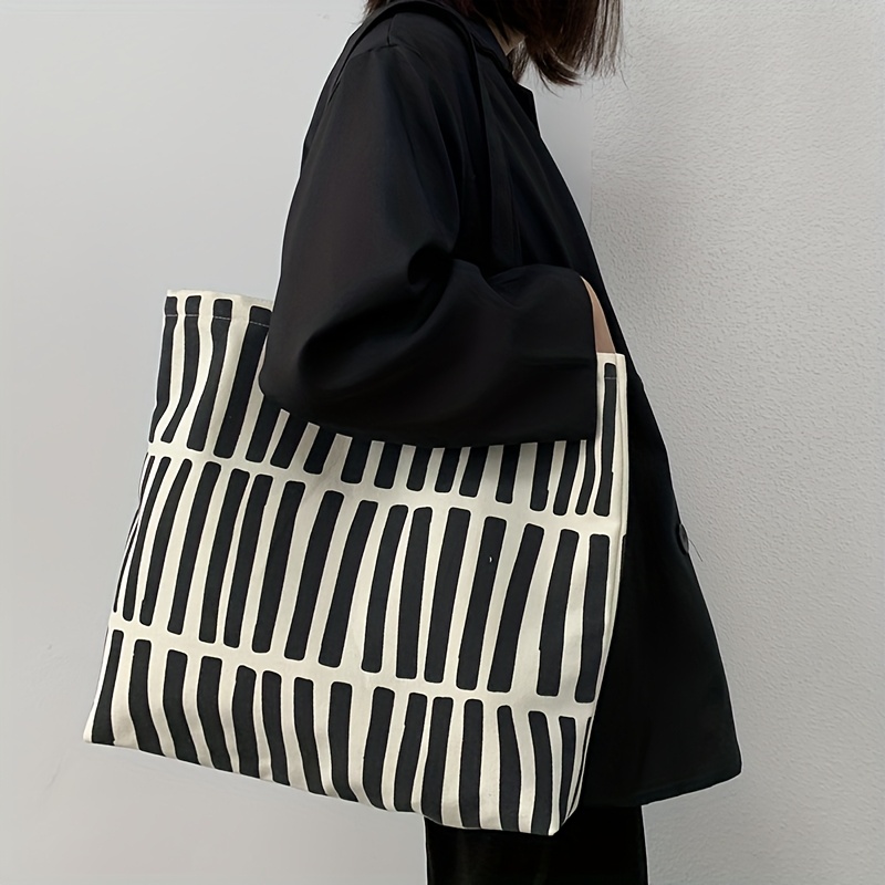 Image of Canvas Striped Large Capacity Shoulder Bag, Built-in Zipper Closure. Lightweight Layered Casual Shoulder Body Bag, Laptop Bag, Shopping Vacation Travel, Versatile