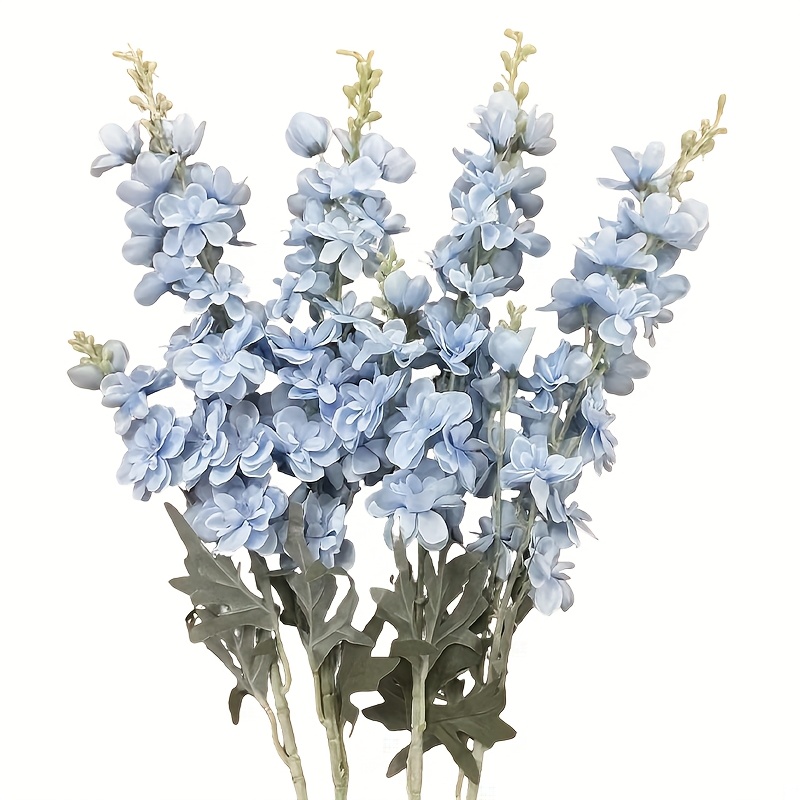 Image of 4pcs Blue Artificial Flowers, Lifelike Faux Silk Flowers, Long Stem Fake Plant Flower For Tall Floor Vase Outdoor Bouquet Home Table Kitchen Decor