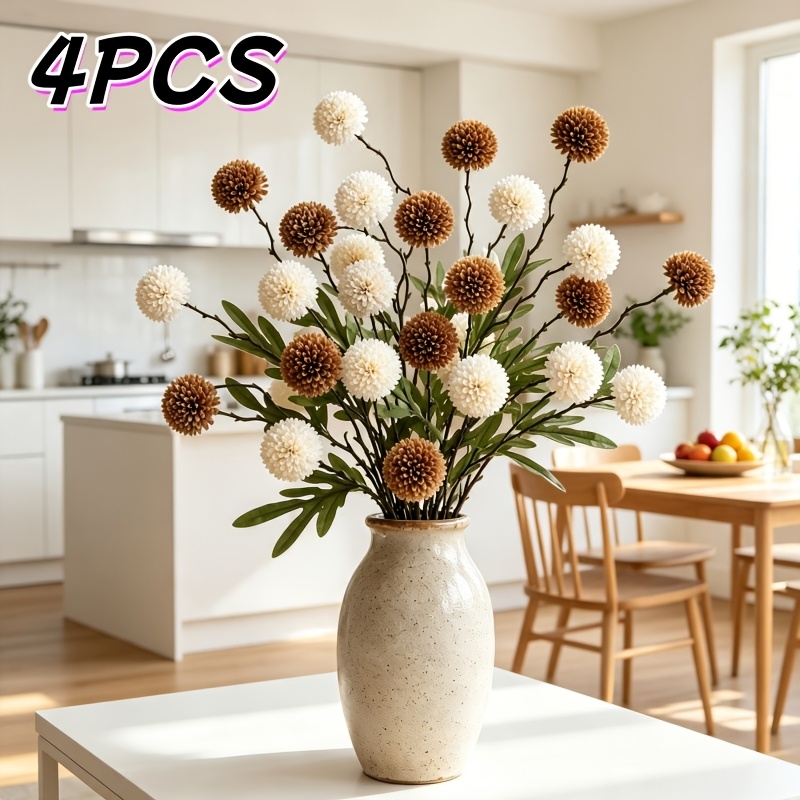 TEMU 4pcs Autumn Colors Table Tennis Ball Dandelion Hydrangea Artificial Flower Set, Suitable For Indoor Home Dining Table, Kitchen, Living Room,