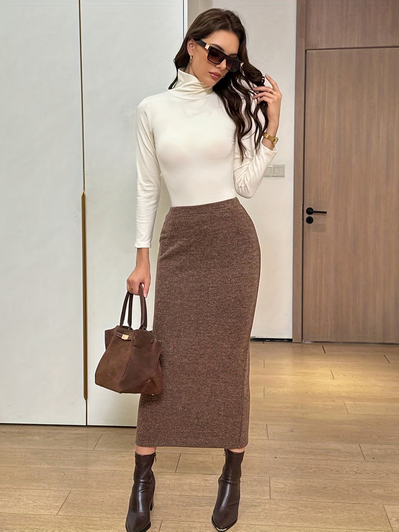 coffee brown dress women ZAPAKA Women Simple Coffee Long Wedding Guest Dress with Back Slit Sheath Satin Spaghetti Straps Formal Dress with Lace, Coffee / US12 main image 1