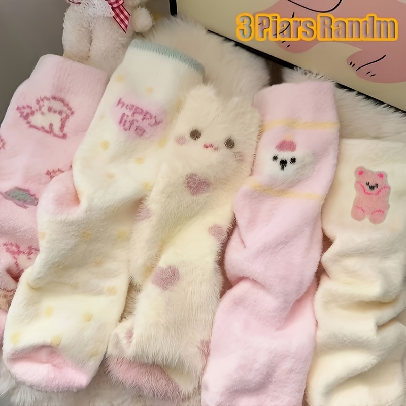 TEMU 3-pair Women's Kawaii Bear Plush Socks - Mid-calf Warm Cozy Suitable For Weather, Machine Washable Suitable For,, Office, Dorm - Random Cute