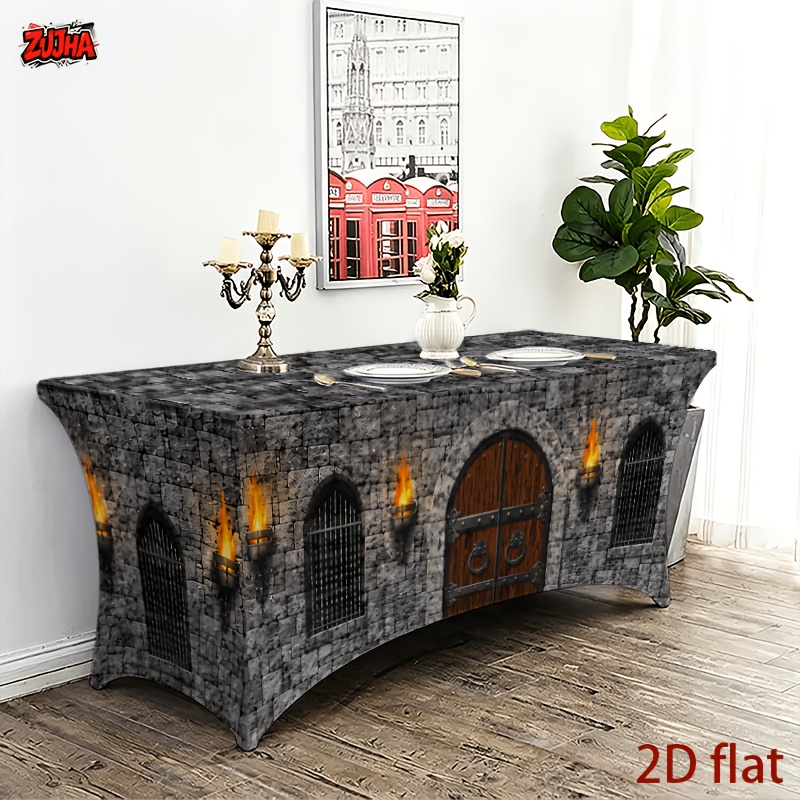 TEMU 1pc Full Fitted Elastic Table Cover 2d Flat Medieval Castle Stone Wall Wooden Door Pattern Stretch Rectangular Tablecloth For Halloween Gothic