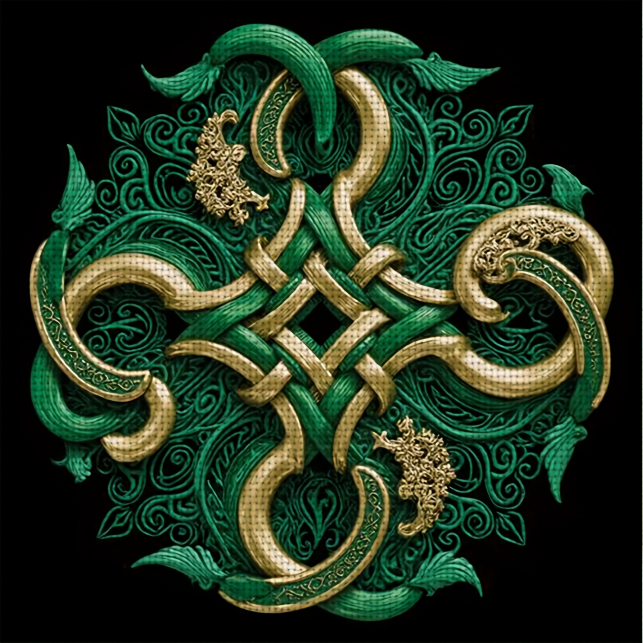 TEMU 1pc Cross Stitch Kit | Green And Golden Decorative Pattern, Ideal For Beginners, Includes Printed Canvas, Needles, Pattern, And Instructions,