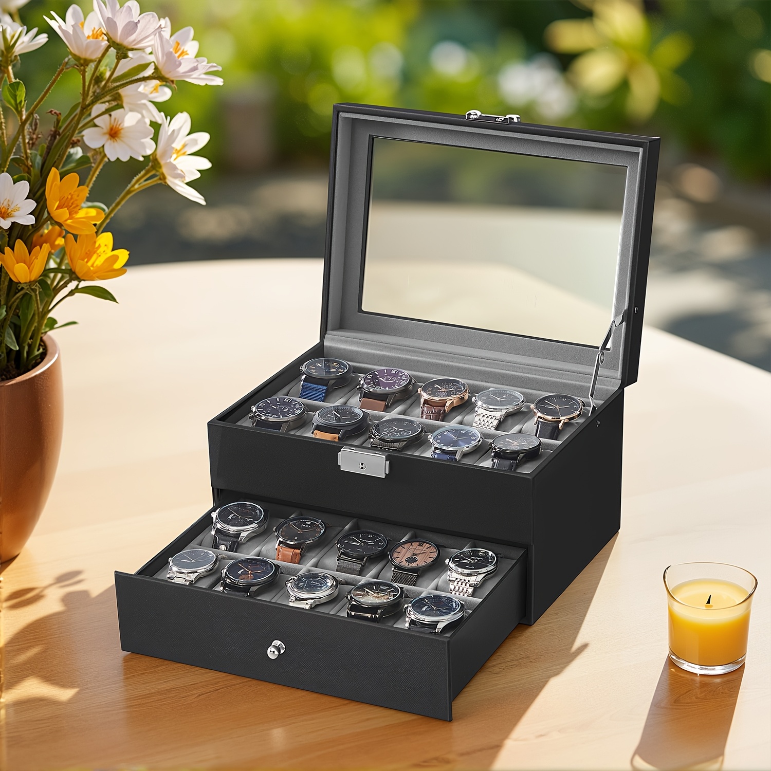 TEMU Jewellery Storage Box, 2-layer Watch Organizer With Glass Lid, Drawer For Bracelets And Rings, Gift For Men, 20.5 X 28.5 X 16.5cm, Black