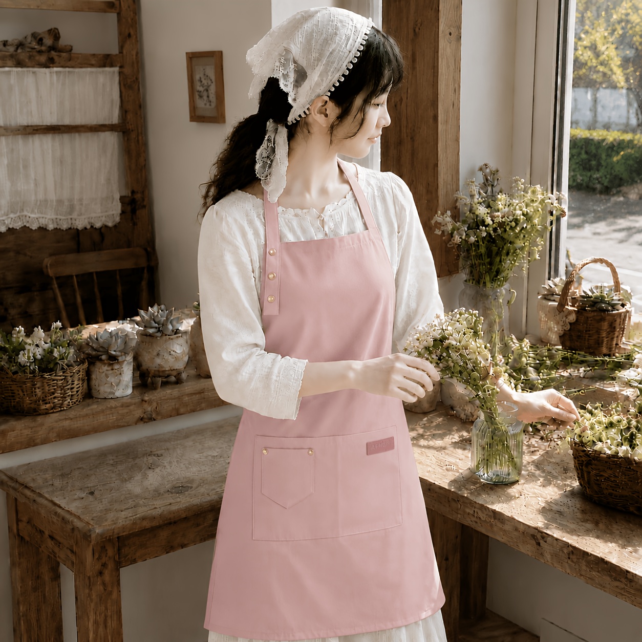 TEMU Pink Bib Apron With 3-button Adjustable Neck Strap And Double Front Pockets For Florists, Bakers, Baristas, Cooking, Gardening, And Crafting