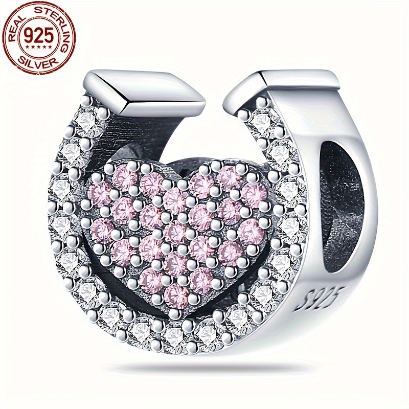 

1pc Elegant 925 Sterling Hoof & Heart Charm With Pink & Clear Gemstones, Fits Pandora Bracelets - Making, 4g