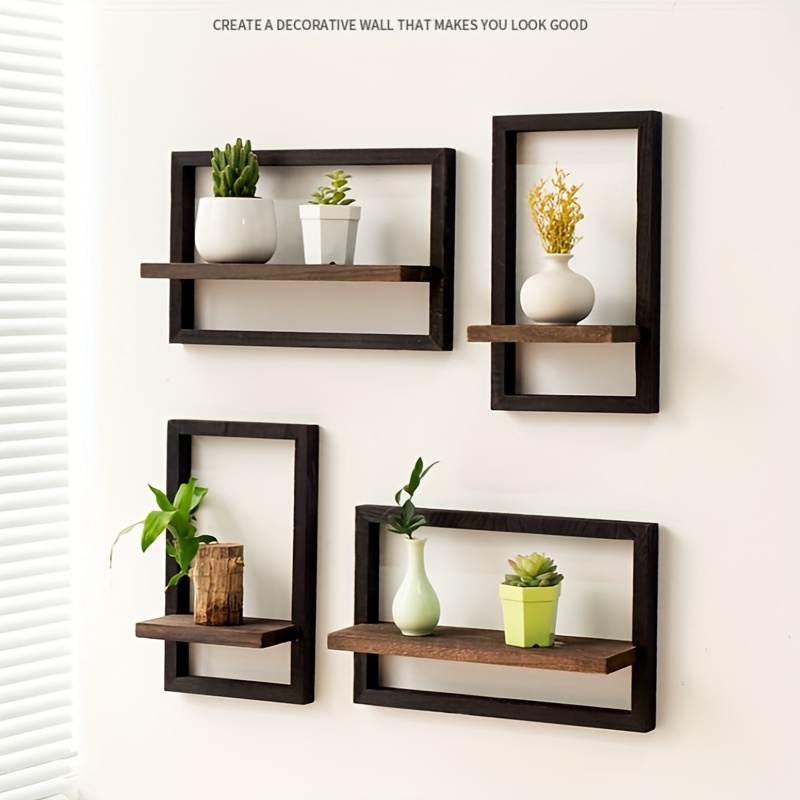 TEMU 4pcs Itechjoy Vintage Wooden Wall Rack Set, Black And Display With Hooks, For Photos, Candles, Flowers, Photo Albums, Potted Plants, Wall Hanging Decor For Living Room And Office