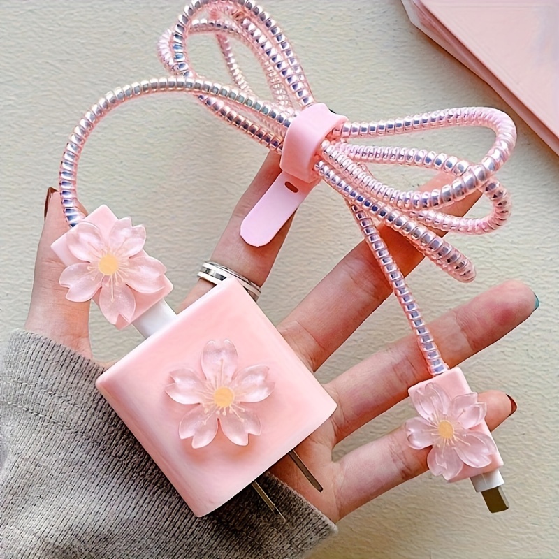 

Set Of 5 Pink Flower Data Cable Protector, Charger Protector (for Phone Charger)