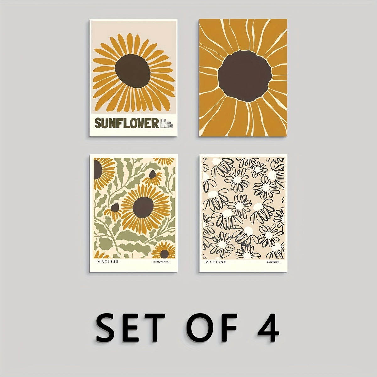 TEMU 2d Flat, 2d Flat, Set Of 4 Bohemian Abstract Matisse Sunflower Minimalist Shape Canvas Art Prints, Frameless Nordic Wall Decoration For Living