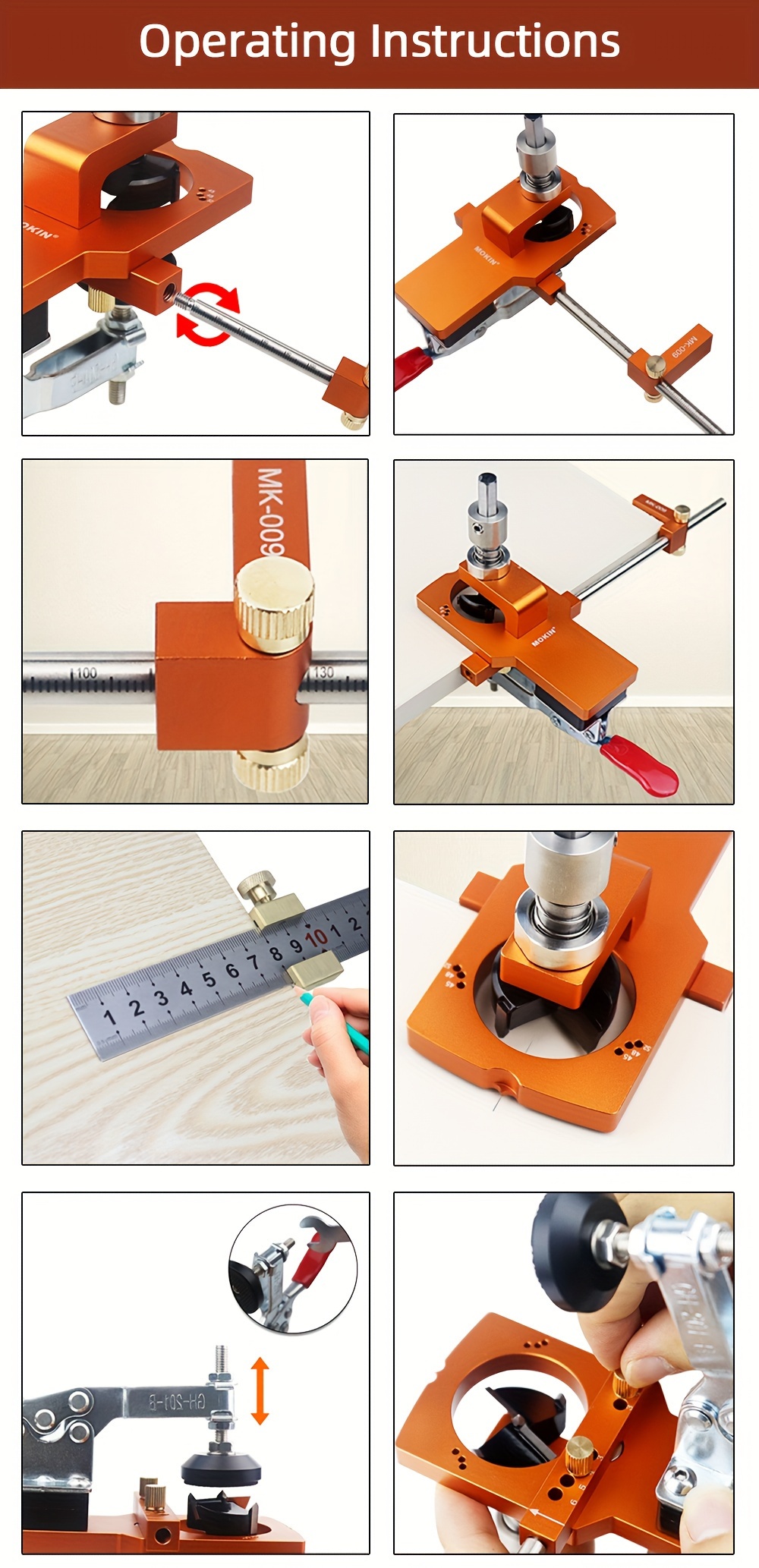 一套   隐形铰链定位器孔开孔器，木工柜门钻孔导向定位器，可调节多功能冲击工具套装，适用于木工、金属和铝制品，手动操作，无需电池 商品详情 10
