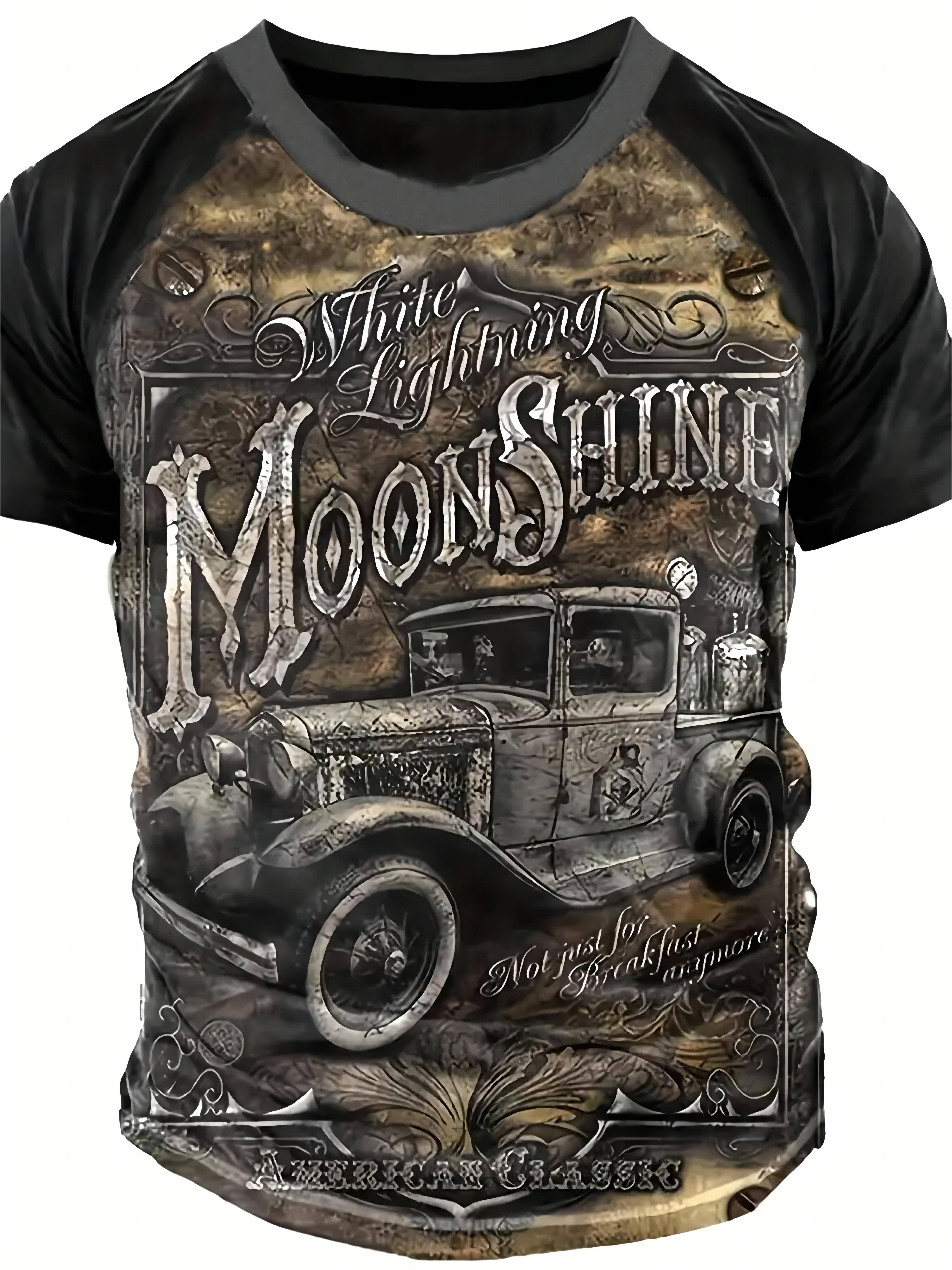 Plus Size, Summer Men's Vintage Car Graphic Print T-shirt, Street Style Cool Raglan Short Sleeve Tees For Big & Tall Males