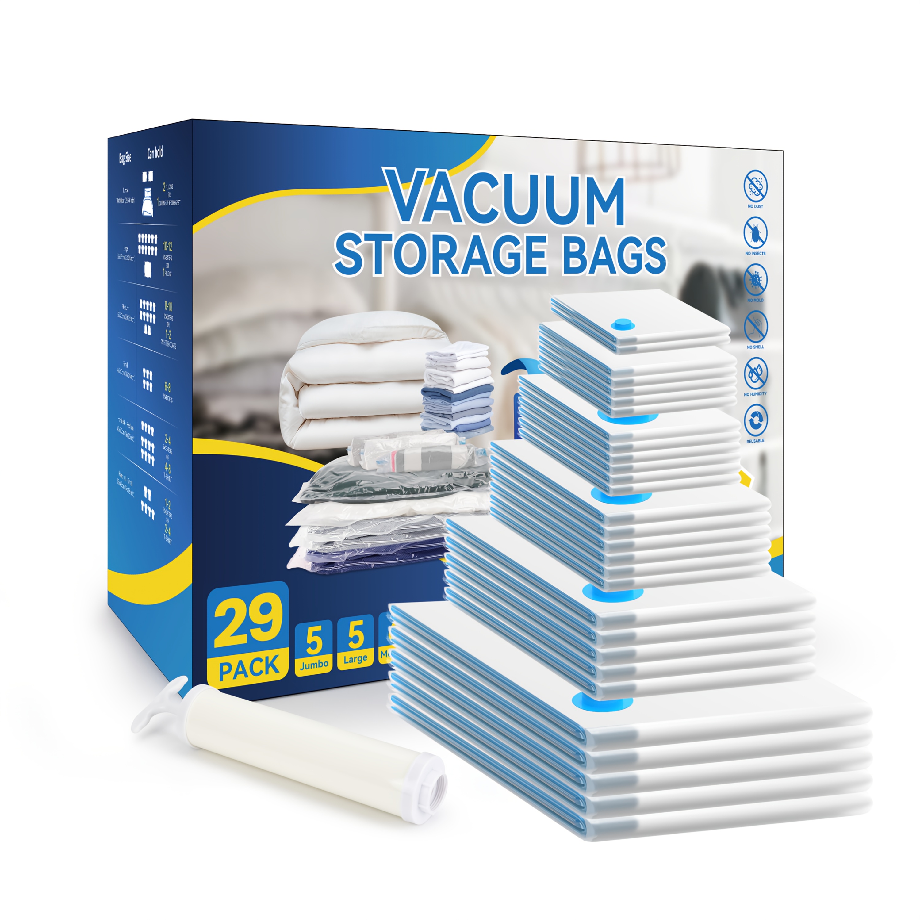 TEMU Space Bags Vacuum Storage Bags ( 22/27/29 Pack) Save 80% Space - Vacuum Bags For Comforters And Blankets, Bedding, Compression Seal For Closet Storage - Pump For Travel