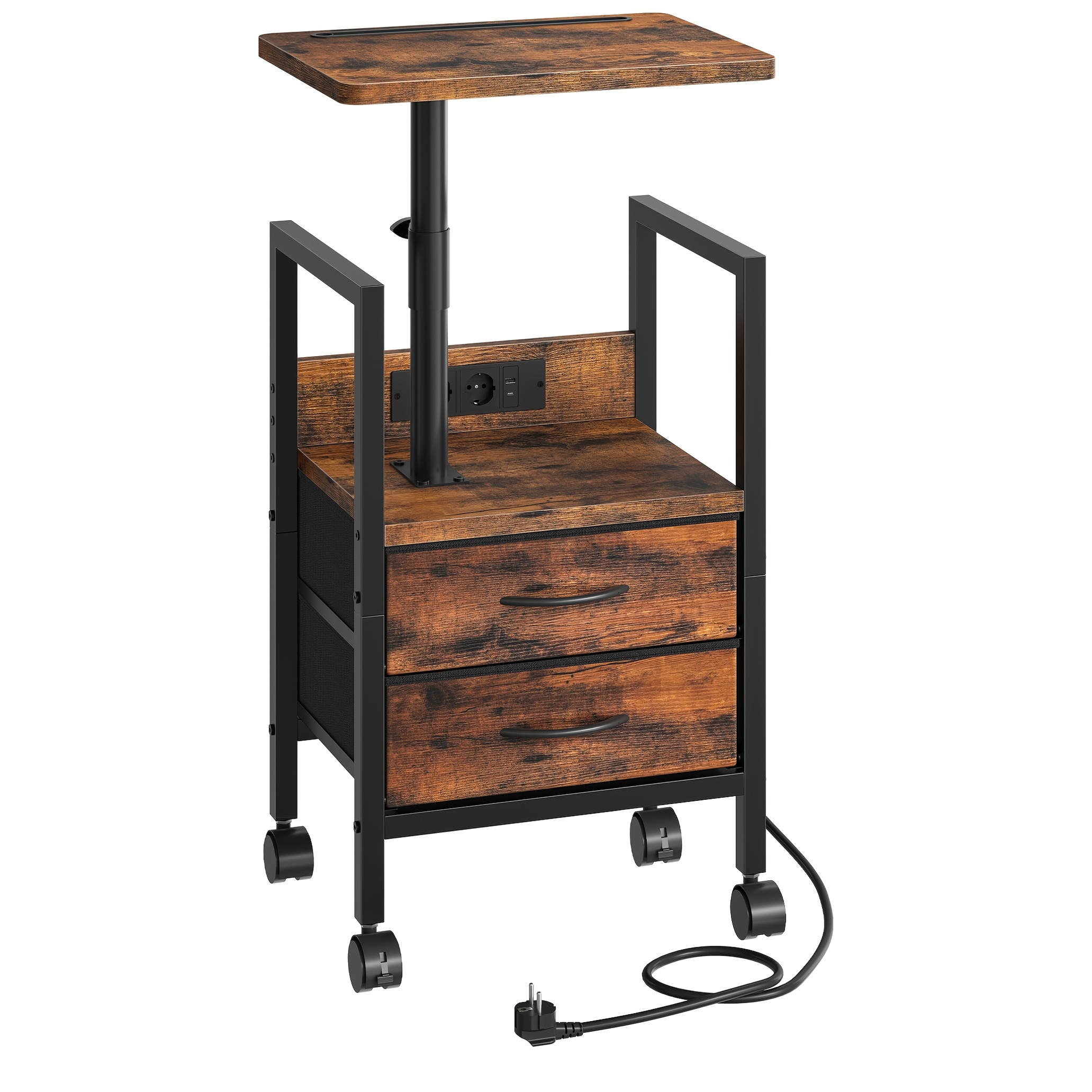 TEMU Mesa auxiliar ajustable para cama con estación de carga, mesita de noche industrial con ruedas para cabecera con 2 cajones de almacenamiento de