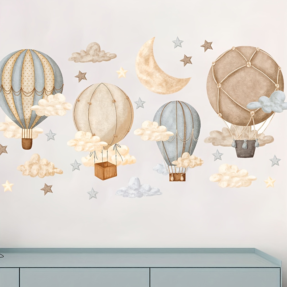Image of 1 Set Of Hot Air Balloon, Star, And Moon Wall Stickers - Sky Theme For Bedroom, Living Room, Dining Room, Home Decor