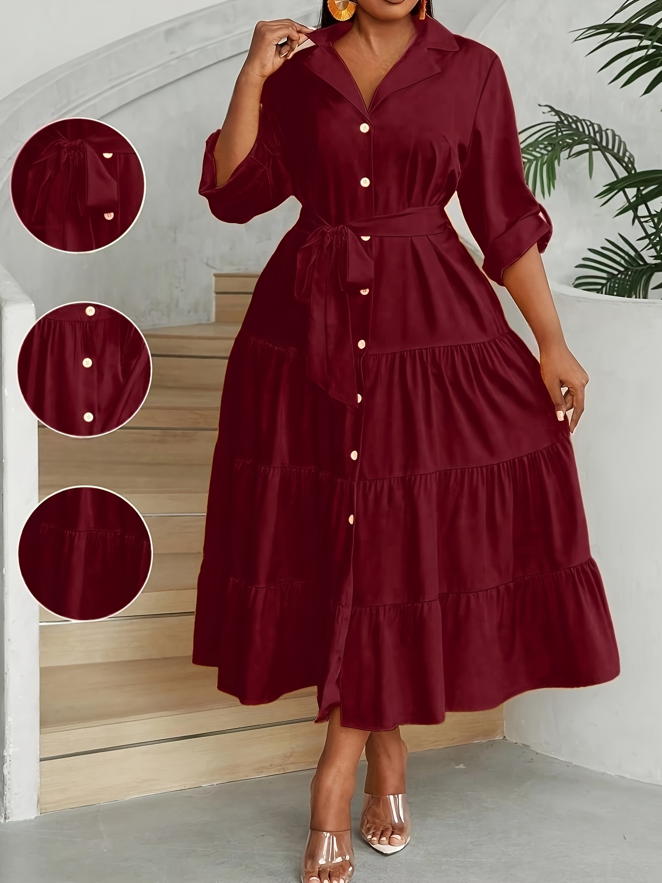 plus size belted casual shirt dress | temu Temu