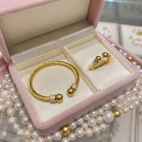 item picture 2pcs open wire round bangle and ring set stainless steel 18k golden plated anti fade waterproof twist design jewelry gift suitable for womens daily party wear additions valentines day mothers day gift
