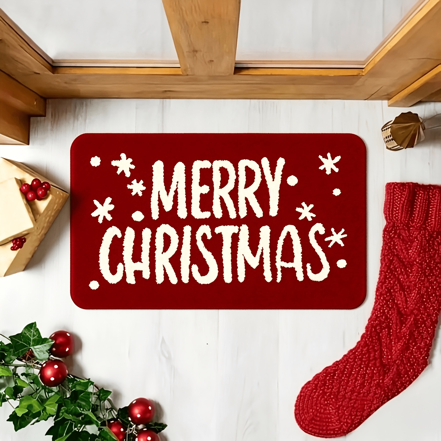 Image of 1pc Holiday Christmas Doormat "merry Christmas" Text Machine Washable Polyester Rectangular Indoor Outdoor Entrance Living Room Bedroom Kitchen Office Holiday Decoration Christmas Doormat
