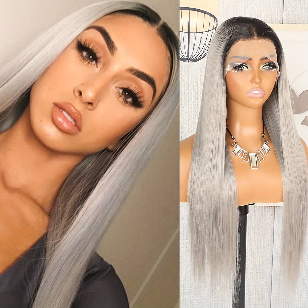 VERA X 28” GREY STRAIGHT LONG LACE FRONT WIG  *NWT Yaki Silver Grey Lace Front Wig | WigIsFashion main image 3
