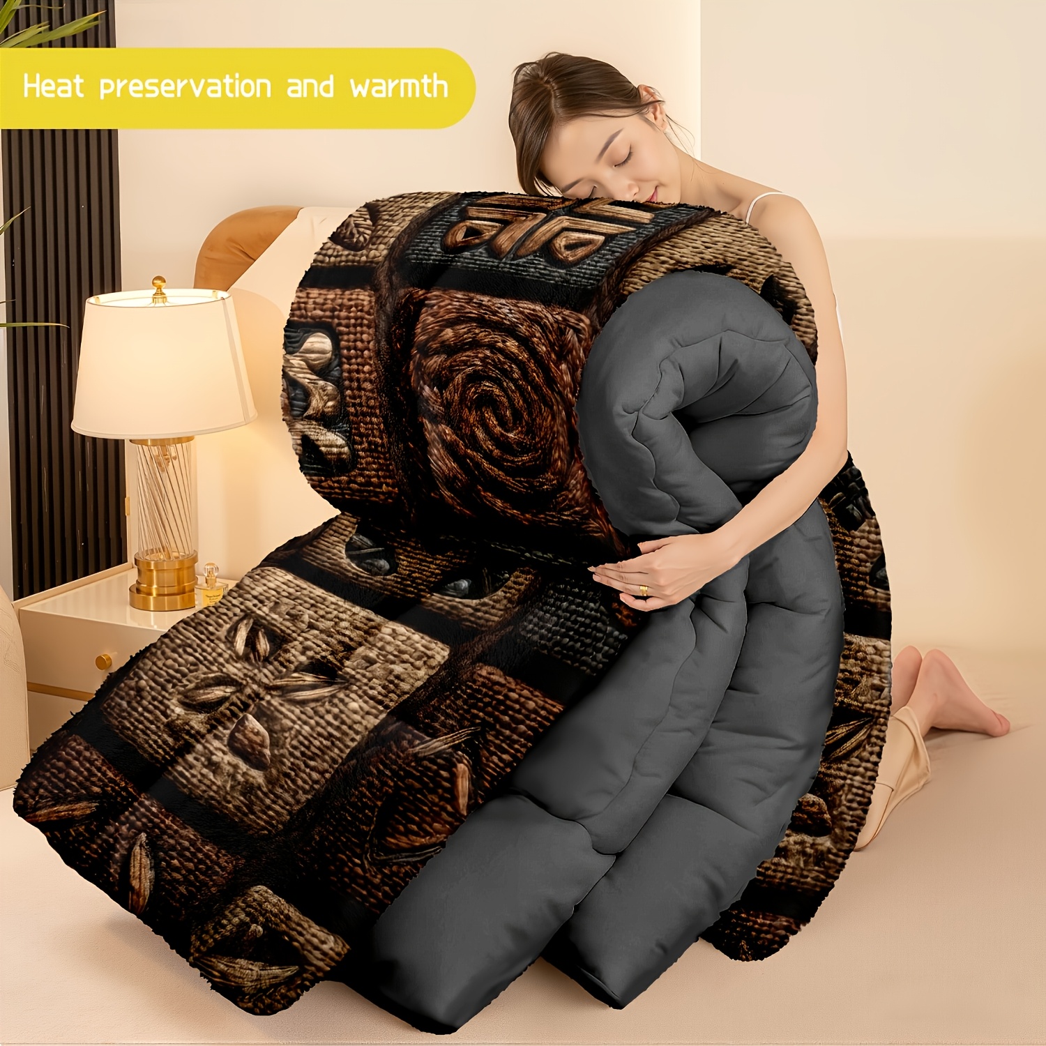 TEMU 3pcs (1 Comforter And 2 Pillowcases) Bohemian Flannel And Milk Velvet Comforter Set, Soft Cozy Warm Bedding For Adults, Trendy Milk Velvet Quilt
