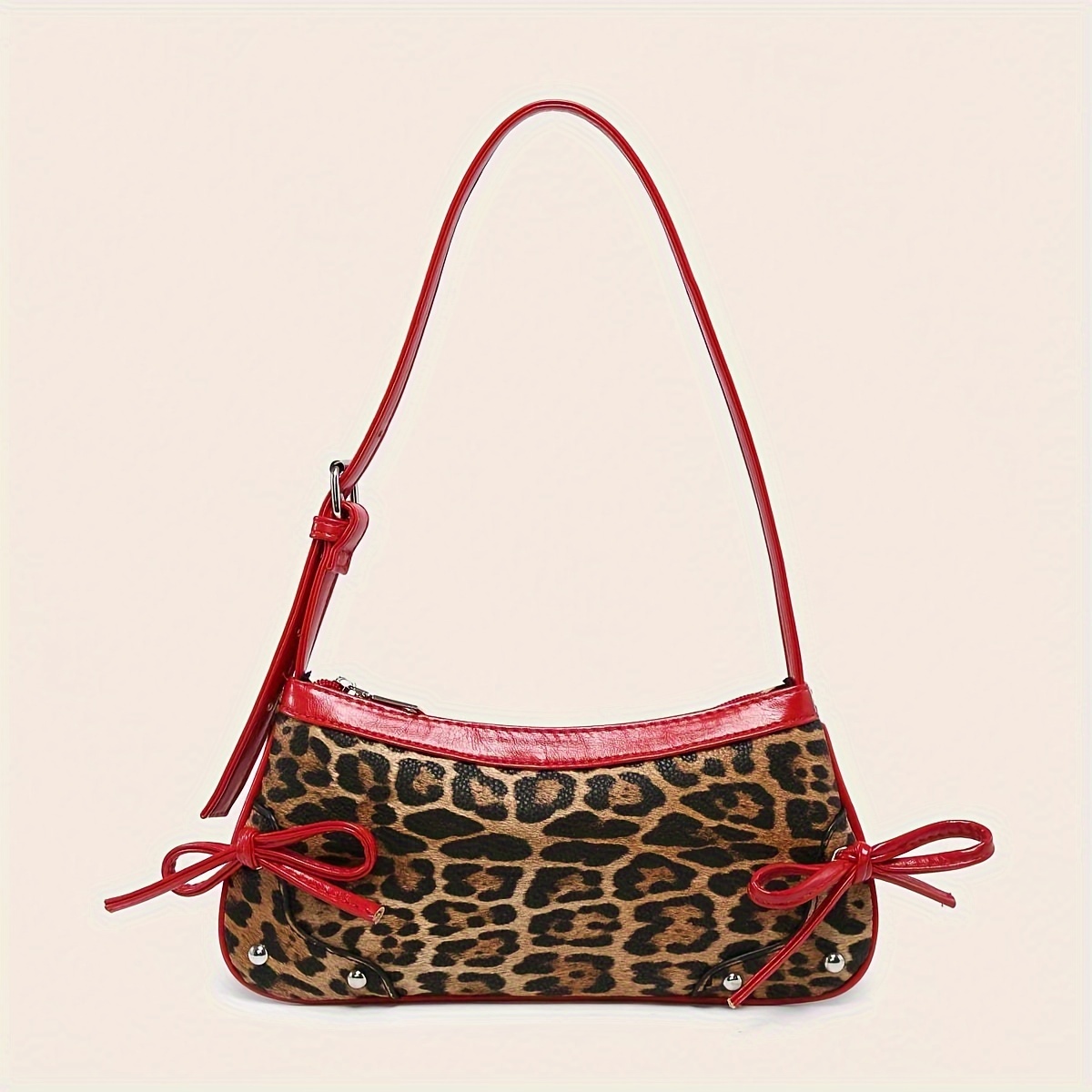 

Women's Leopard Print Y2k Shoulder Bag With Adjustable Red Strap & Bow Detail - Stylish Retro Pu Underarm Purse, Zip Closure, Polyester , Casual Or Formal , Formal Accessory | Accessory | Bag