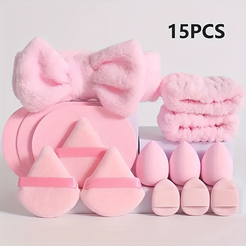 

15pcs Spa Bowknot Headband And Wristband Set Face Loose Powder Makeup Beauty Sponge Kits Skincare Facewash Cleansing Pads