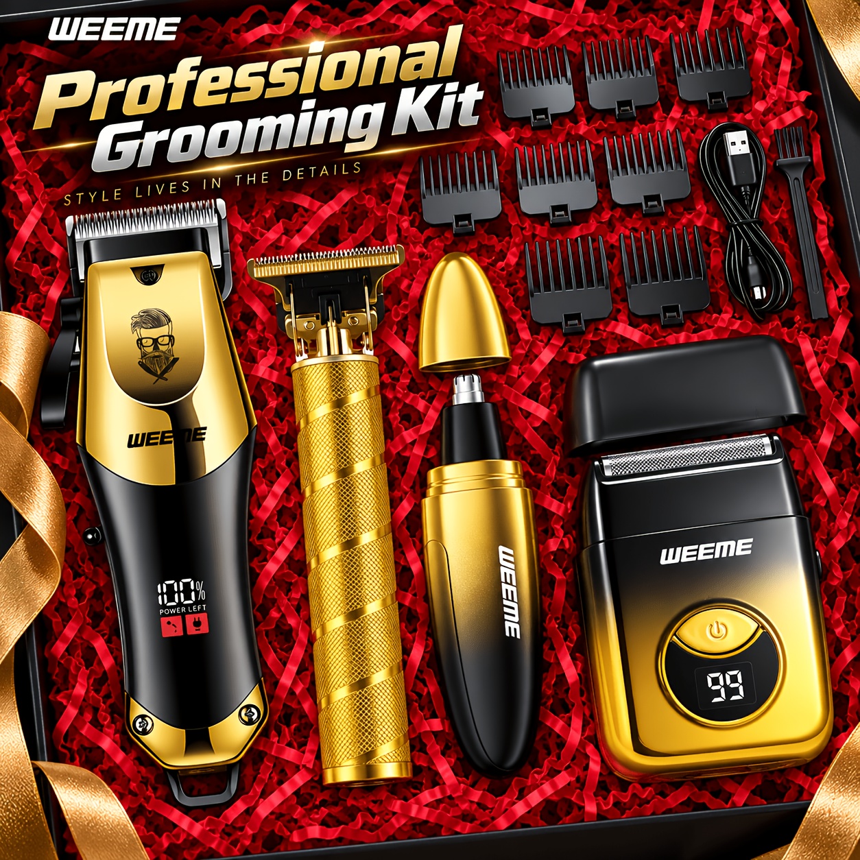 TEMU 4pcs Weeme Men's Professional Cordless Hair Clipper & Trimmer Set With Electric Razor, Precision Suitable For Beard, Nose Hair, Eyebrow Grooming