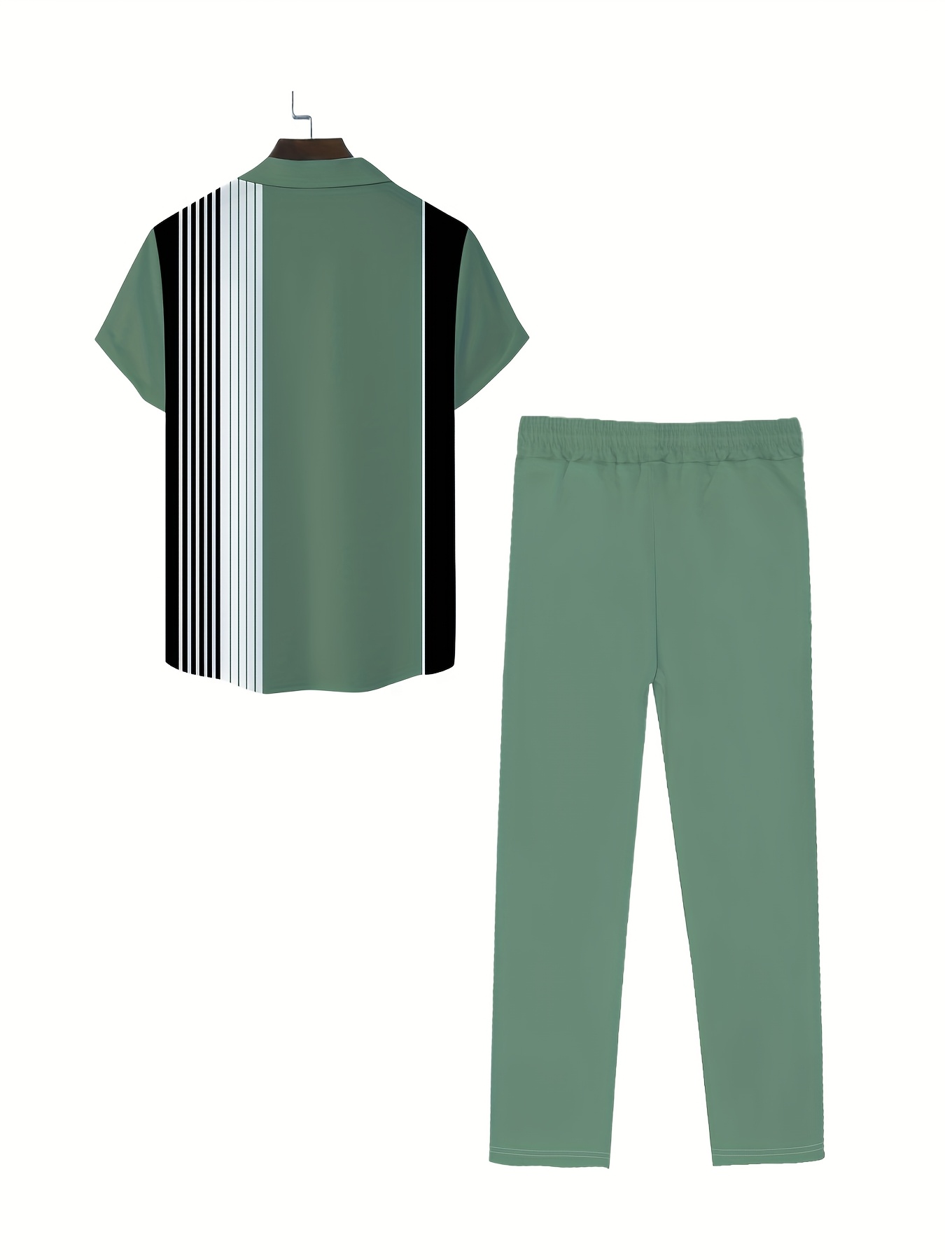 European and American Men's fashion stripe pattern print design button- short-sleeved shirt top and casual trousers matching suit, fashionable street street, seaside casual vacation short-sleeved shirt set