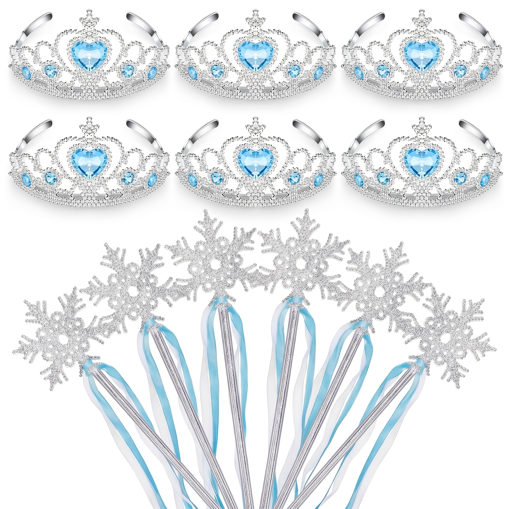 TEMU 6 Set Blue Princess Dress Wand Crown Set, Includes 6pcs Ribbon Snowflake Wands And 6pcs Heart Crowns, Tassel Ribbon Decoration , Suitable For