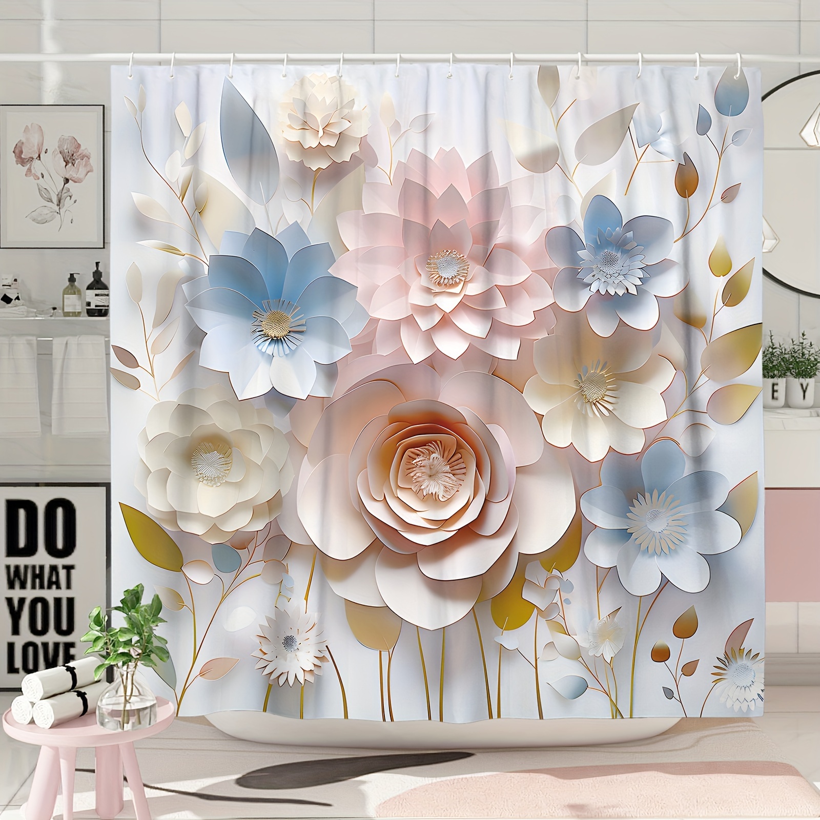 

1pc 3d Floral Pattern Shower Curtain With Hooks, Waterproof Bathroom Partition Curtain, Bathroom Accessories, Home Decor
