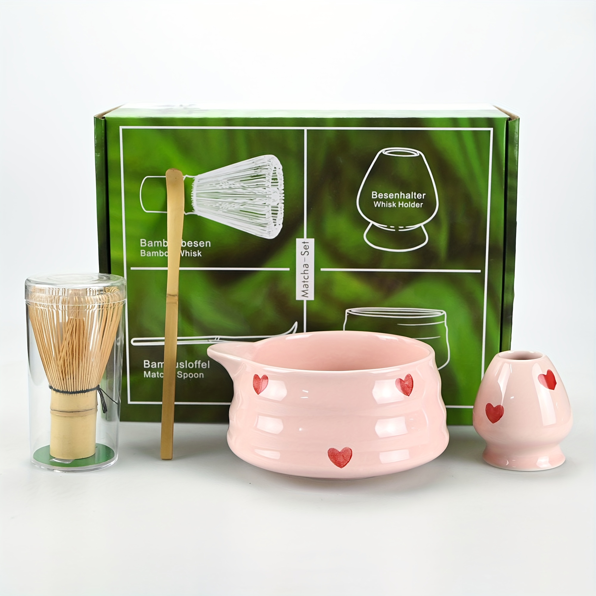 TEMU 4pcs/5pcs/set Matcha Whisk Set With Pink , Matcha Set Includes Matcha Bowl, Matcha Whisk And Whisk Holder, Scoop, Sifter, Perfect Matcha Kit For