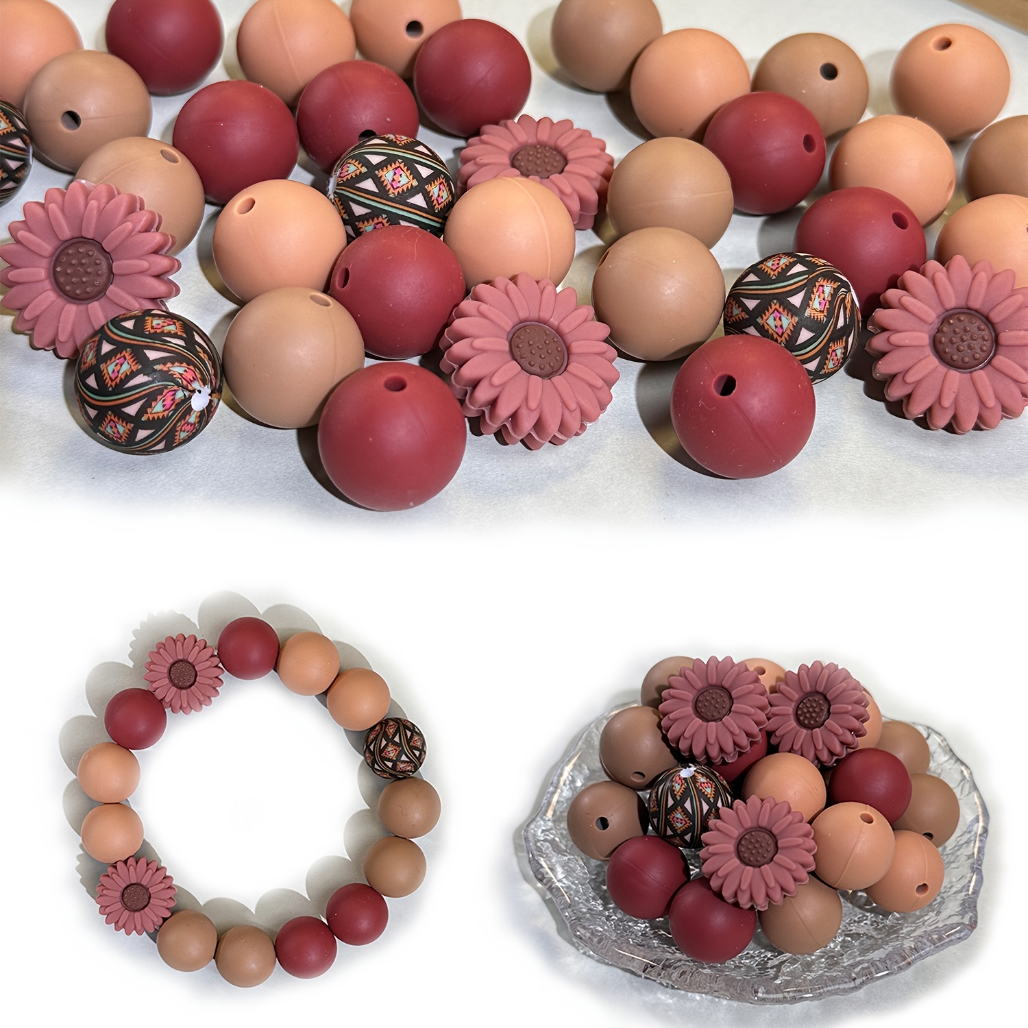 

40pcs Silicone Beads Set, Daisy & Printed Patterns, 15mm, Making Kit For Bracelets, Keychains, Pen Decoration, Fashion Crafting Beads, Ideal For Christmas & Thanksgiving Gifts