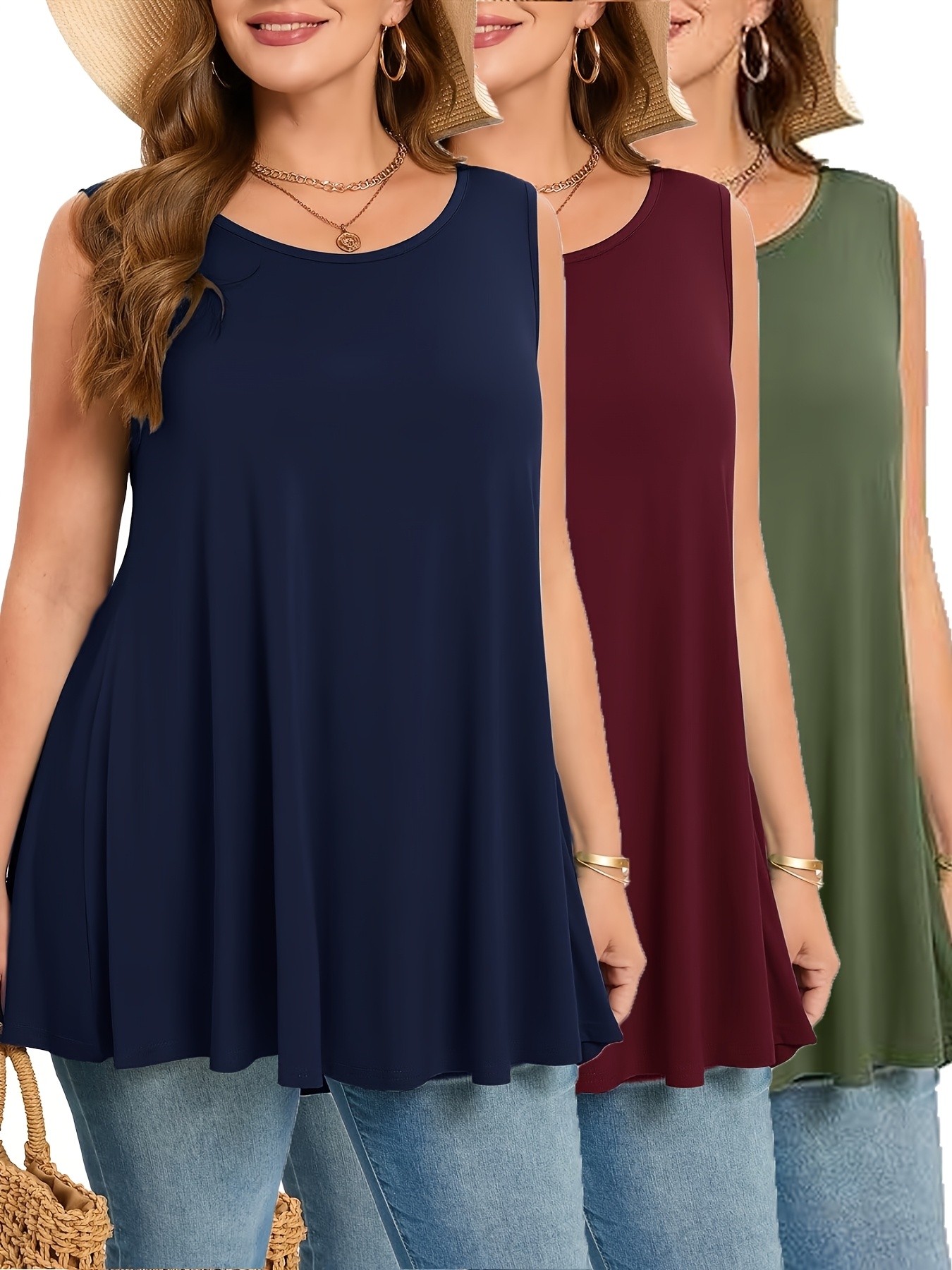 3pcs womens plus size sleeveless round neck   loose fit flared hem casual vacation tees in red black navy   washable resort wear plus size clothing   top