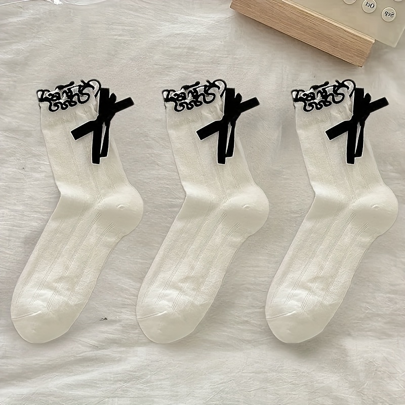 Image of [3 Pairs Japanese Schoolgirl Ballet Style Stack Socks] Heel Bow Ventilated Mesh Mid-calf Socks Summer College Style Matching Shoes Ins Trend, For Teenager,fall And Winter Clothes
