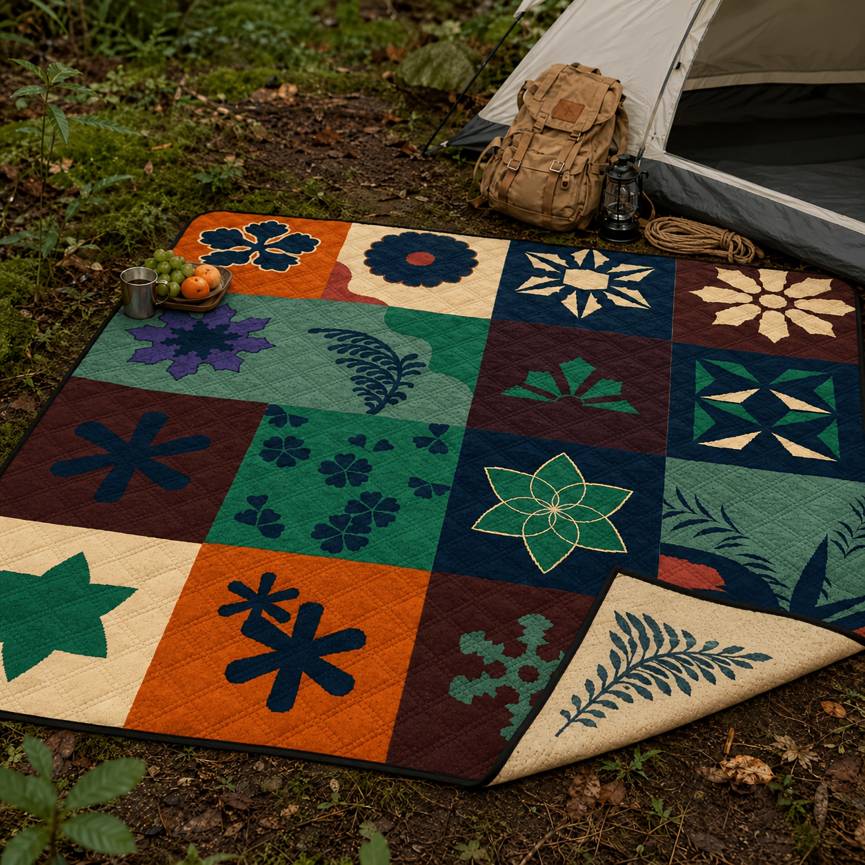 Image of 200 X 200cm Large Quilted Picnic Mat With Colourful Design, Foldable Roll-up Structure And Carry Straps, Suitable For Parks, Gardens, Camping, Beach Trips Non-food Direct Contact