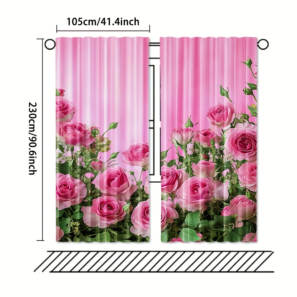 TEMU 2pcs, Pink Ombre Flower Doorway Curtains, Roses With Leaves And Buds, Window Drapes For Kitchen, Cafe, Living Room And Entryway