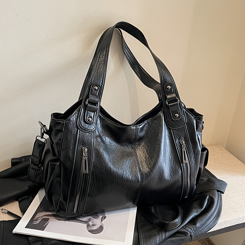 Image of A Solid Color, High-value Women's Large-capacity Tote Bag. Zipper Closure, Double Handles, And Adjustable Shoulder Strap Design, Suitable For Women For Commuting, Going Out, Traveling, Bus