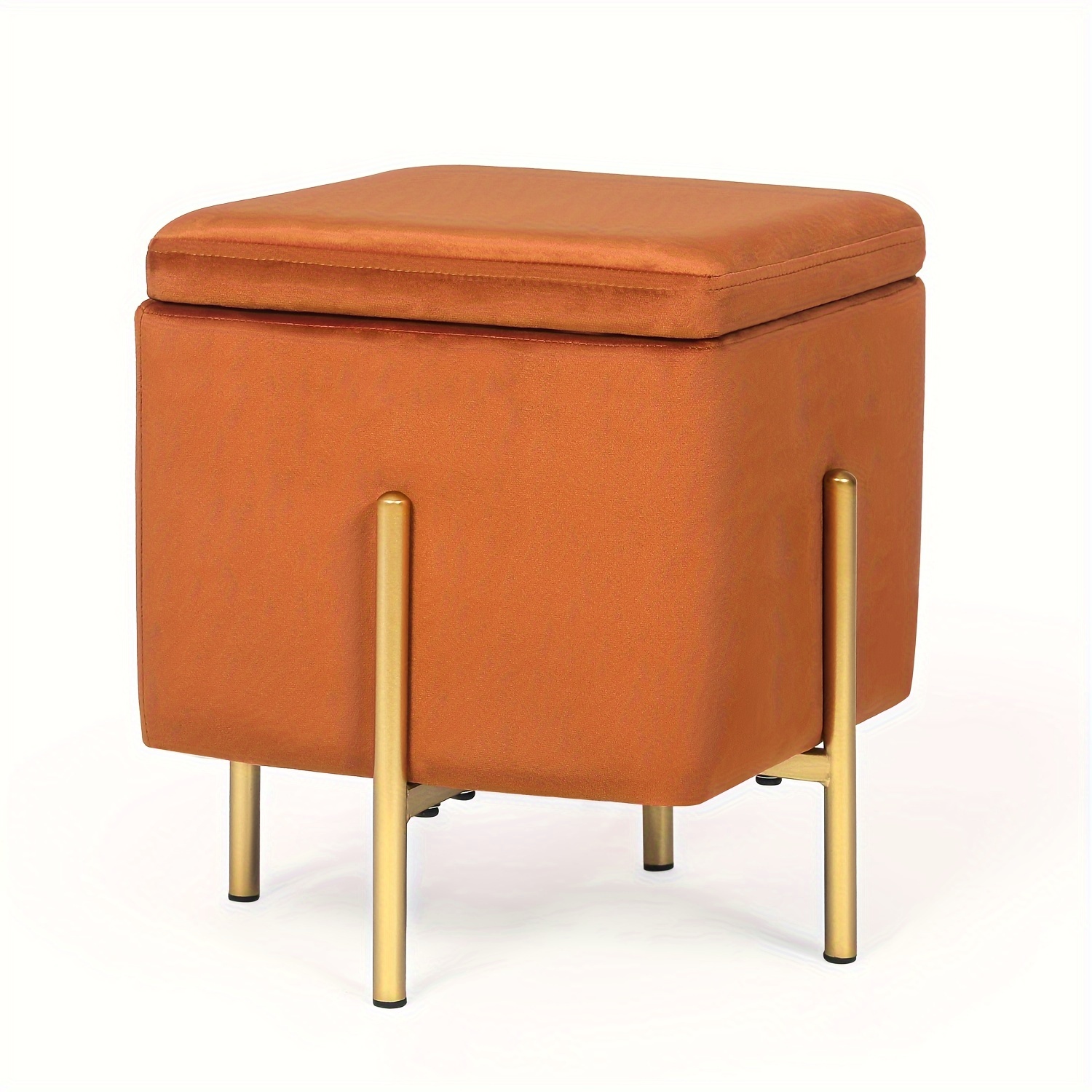 

Small Square Velvet Storage Ottoman Multi-function Vanity Stool Footrest Accent High Support Metal Legs Orange