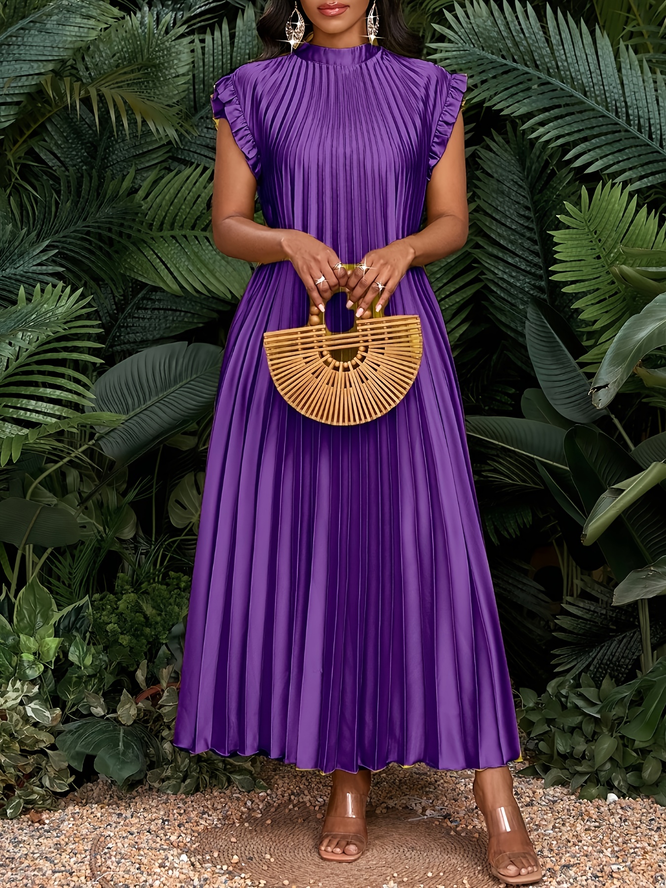satin pleated flutter sleeve long womens dress bridesmaid