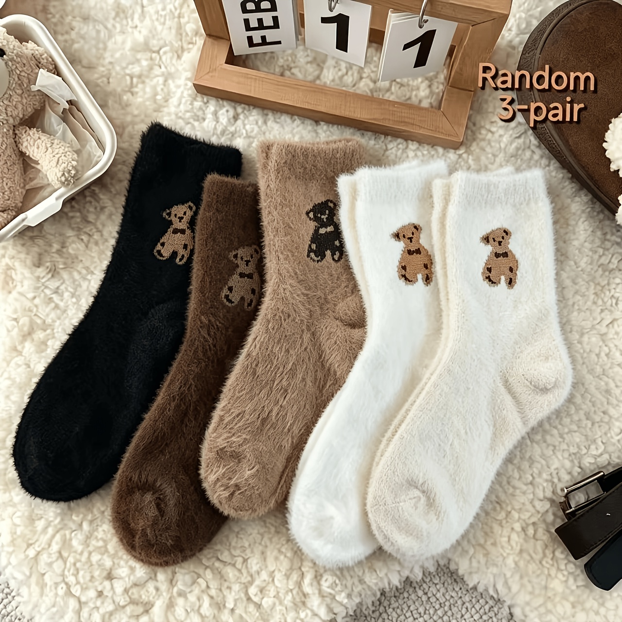 TEMU 3 Pairs Of Random Women's Cute Bear Plush Mid-tube Socks Soft And Winter Cute Warm Sweet Home Sleeping Socks