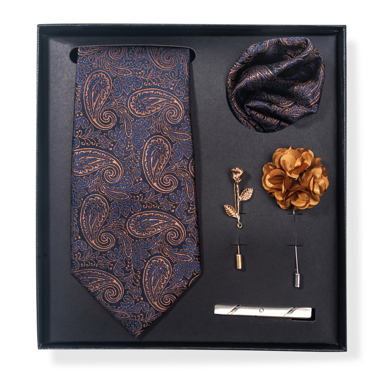 

Passabin Men's Elegant Gift Box Tie Set - Paisley Print, Polyester Woven , Matching Pocket Square, Lapel Pin, Cufflinks, And Tie Clip - Formal Suit Accessory Set For Gifting