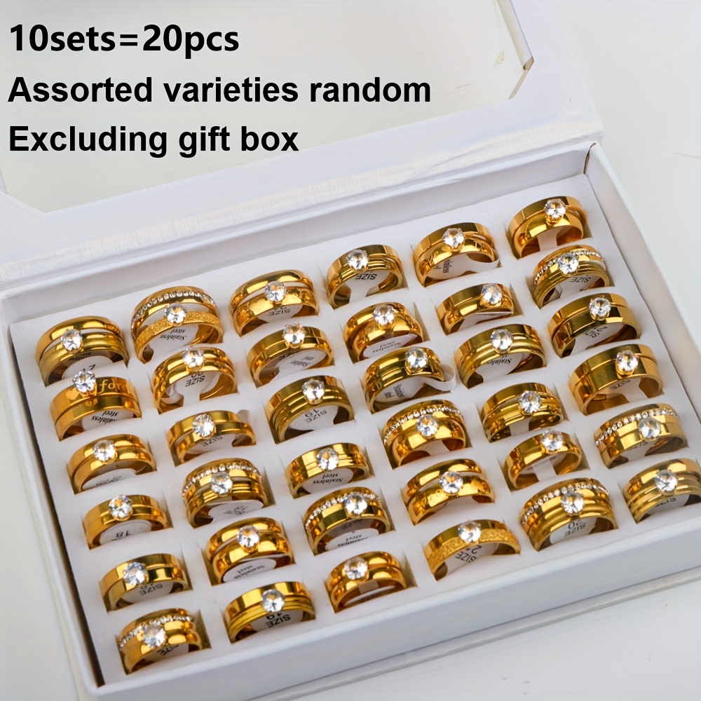 E-shop 20 Stücke Klassische Mode Romantik, Ewige Liebe Synthetische Zirkonia Edelstahl Ringe, Damen Herren Paar Ehering Sets Schmuck, Heiratsantrag