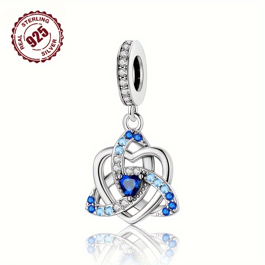 

925 Sterling Silver Celtic Knot Heart Charm Pendant With Blue Zirconia Stones, Tribal Glitter Style, No Plating, Fashionable Diy Jewelry Accessory For Daily And Gift-giving Occasions