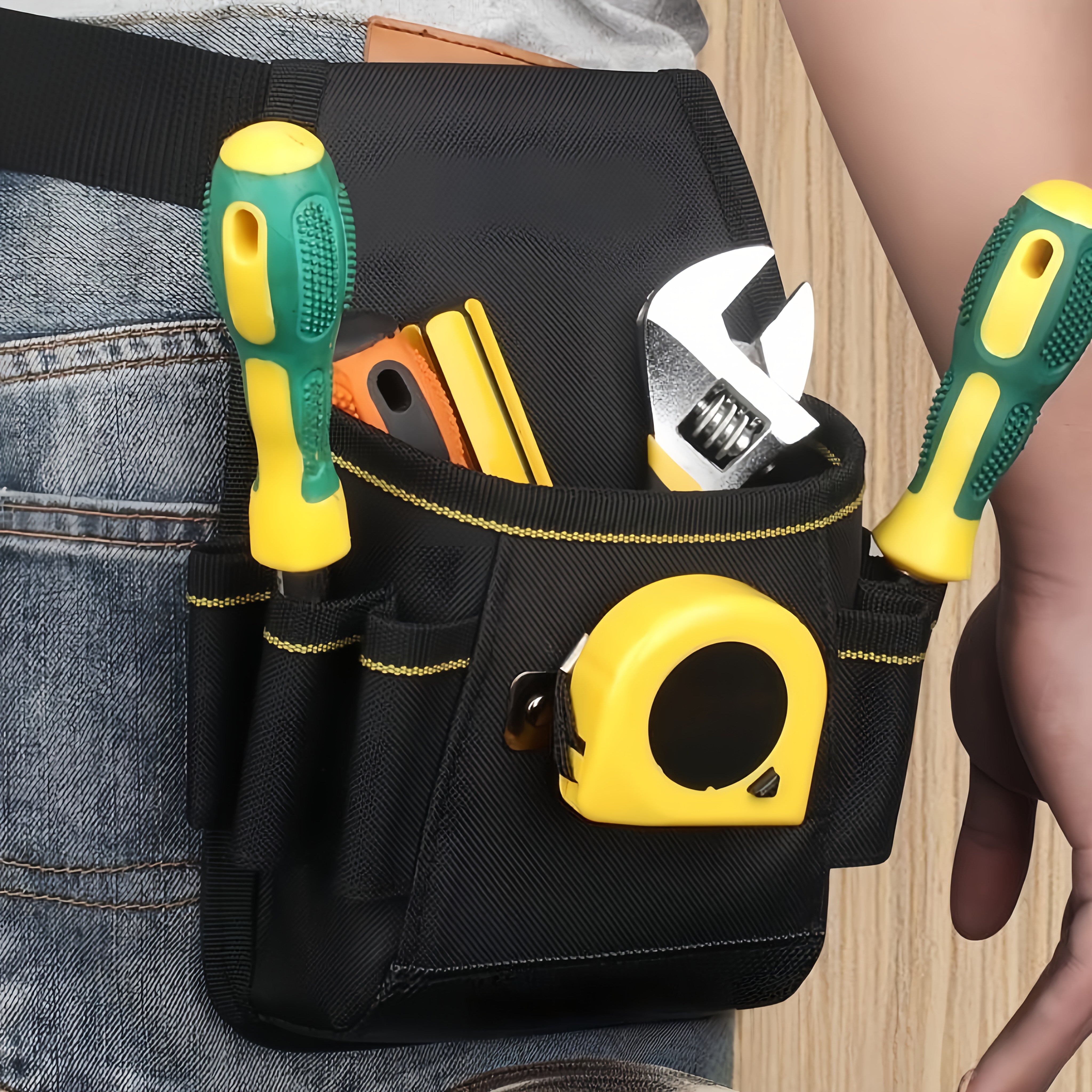 electrician multifunctional tool kit waist bag with multiple compartments adjustable shoulder strap and safety   portable design suitable for construction and diy projects organized tool storage for electricians functional accessories sturdy structure black large capacity with belt 9