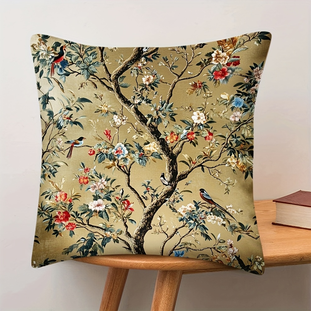 TEMU 1pc Vintage Chinoiserie Floral Pillow Cover, 18x18 Inch, Hand-painted Short Plush Polyester Cushion Case With Zipper, Machine Washable,