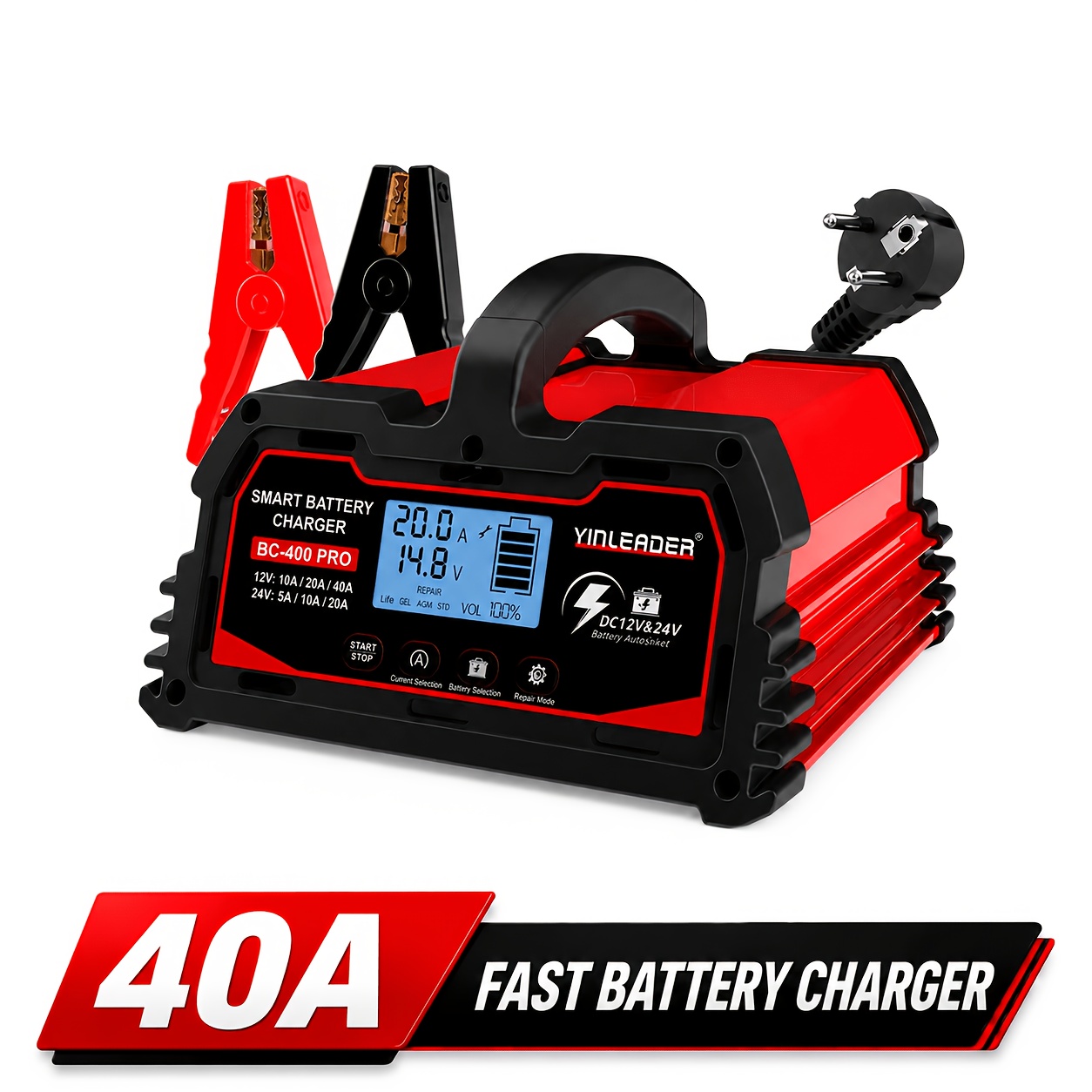 Image of 40a 12v/24v Battery Charger With Lcd Display, Repair & 5 Safety Protections, Smart Maintainer For Lead-acid, Agm, Gel, Efb And 12v Lifepo4 Batteries, Without Battery