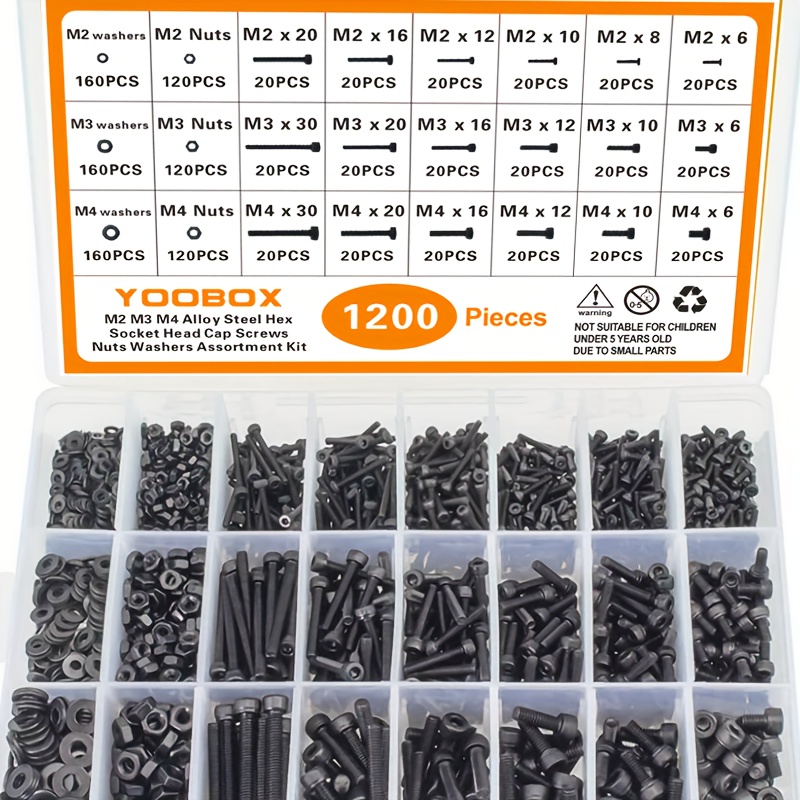 

1200pcs M2 M3 M4 Steel Hex & Set - - Thread, Steel, , Fasteners Kit