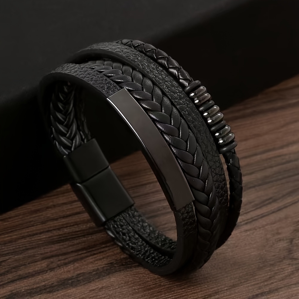 TEMU Men' Pu Bracelet With Metal Accents, Durable Material, Casual Jewelry, Best Gift For Men, Father's Day Gift, Alternative Trendy Style