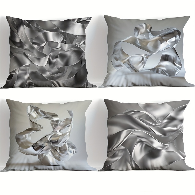 

4pcs Modern Silvery Ribbon Art Throw Pillow Covers, 18x18 Inch Luxury Geometric Pattern, Zipper Polyester Decorative Pillowcase, Suitable For Living Room Sofa And Bedroom Decorative Pillow