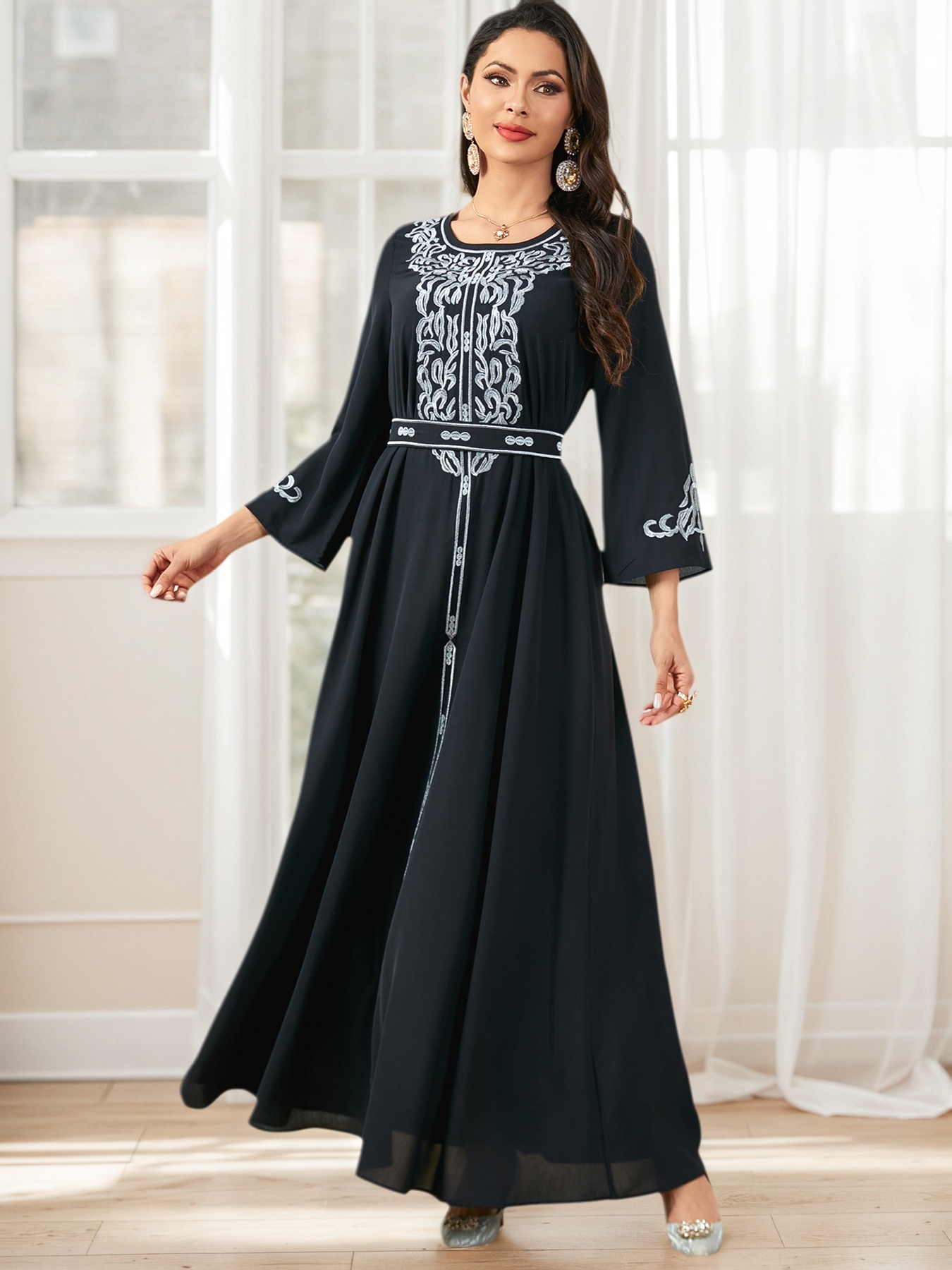 womens elegant arabic jalabiya dress with luxury embellishments long sleeve   dress belted loose fit traditional robe for weddings cultural events daily wear machine washable middle eastern gown
